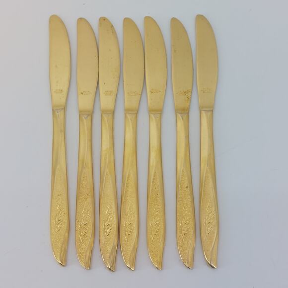 Gold Tone Flatware Nasco Stainless Korea Set of 7 Hollywood Regency - Picture 1 of 15